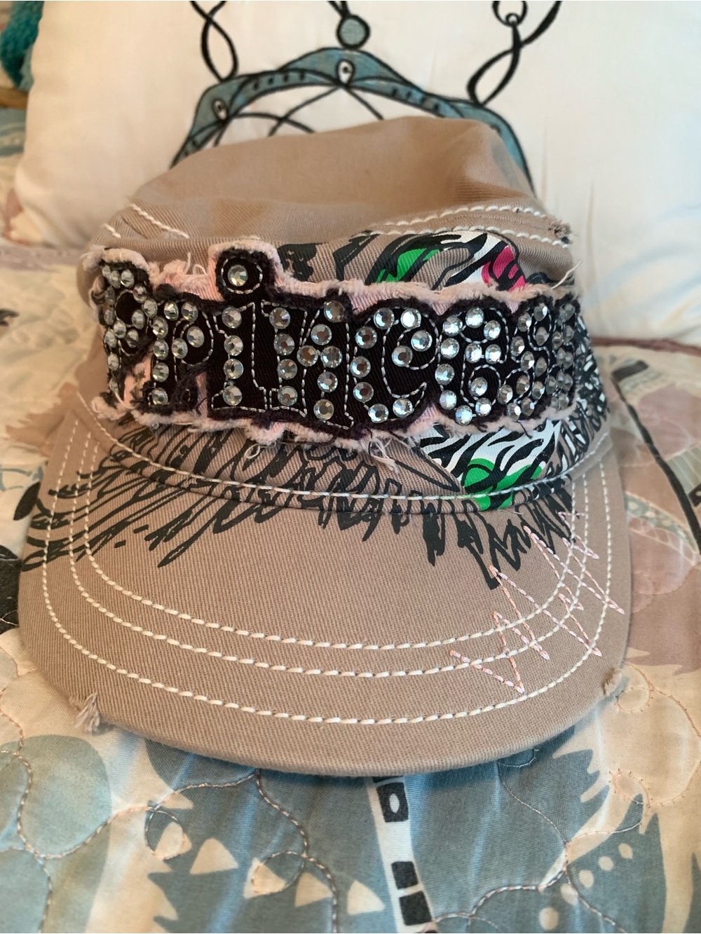 Women’s Embellished Tan Military-Style Cap with Rhinestone ‘Princess’ Lettering
